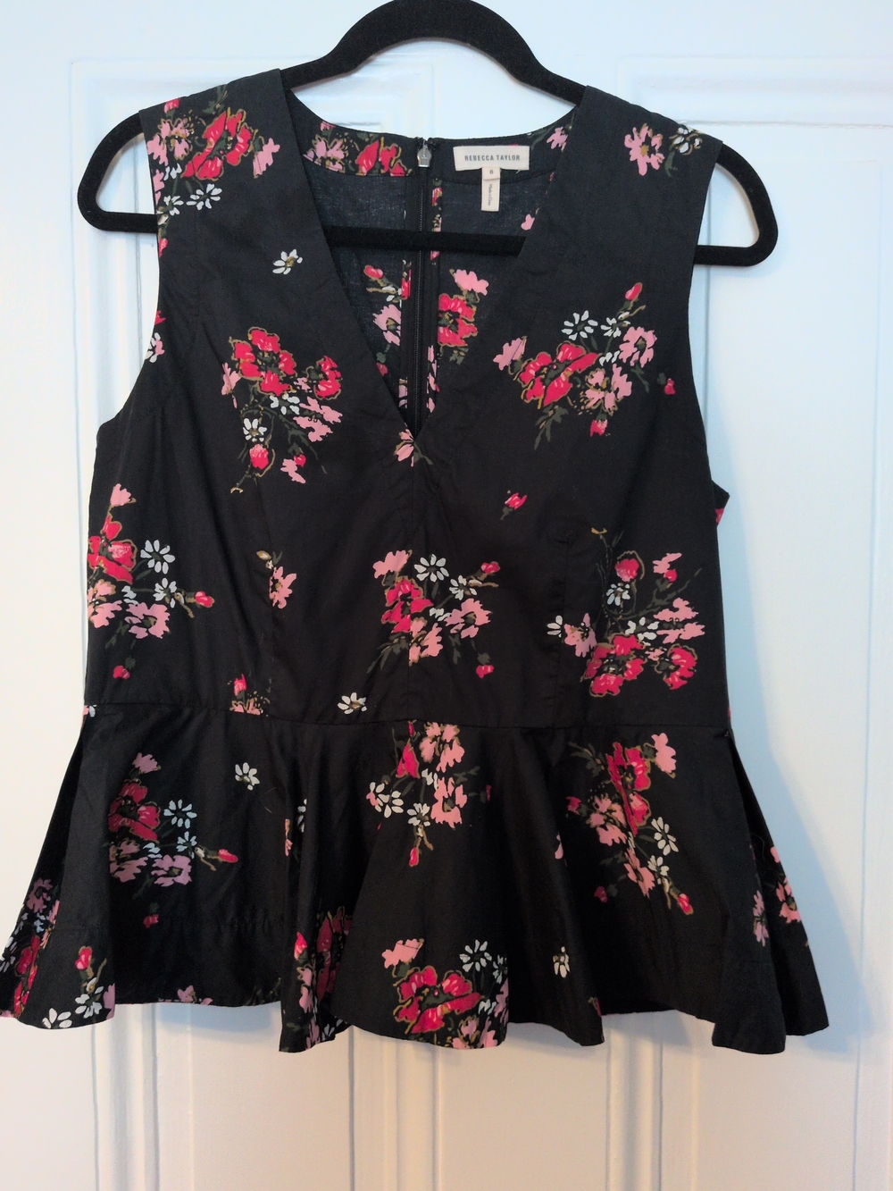 Rebecca Taylor Black Floral Peplum Sleeveless Top